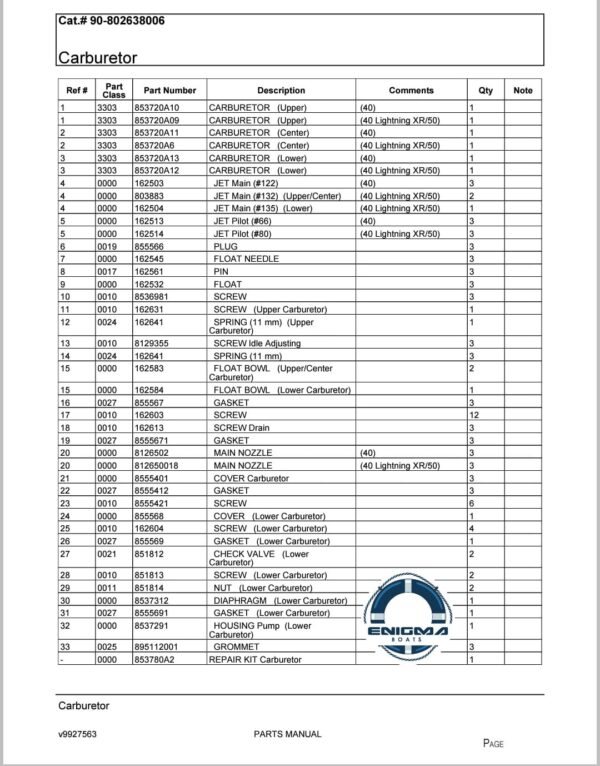 Carburador y bomba de nafta despiece Mercury 40 / 50 3 cilindros japonés Tohatsu